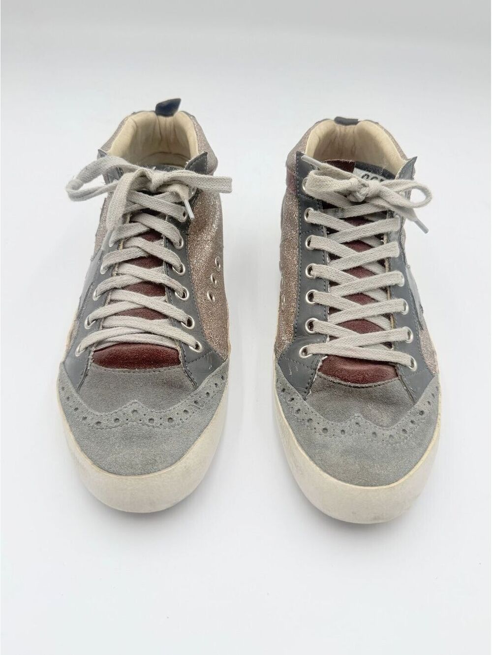 Golden Goose Mid Star Brown Glitter Grey Suede Brogue Sneakers Size 38 US 8